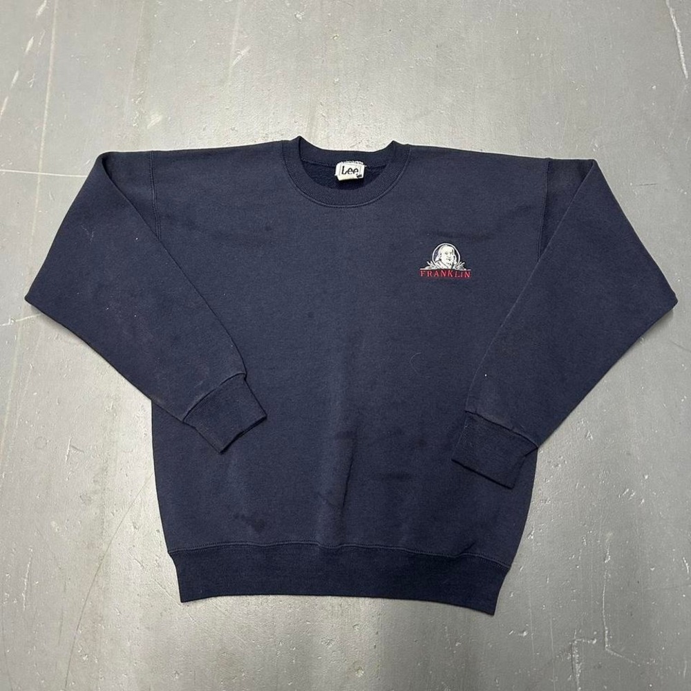 Vintage 90s Benjamin Franklin embroidered pocket print navy blue crewneck